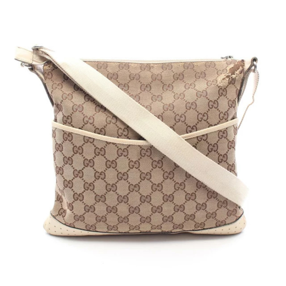 Gucci GG Canvas Shoulder Bag Leather Beige Cream Ivory White